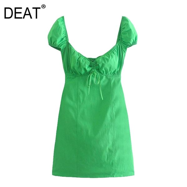 

[deat] summer fashion v-neck high waist drawstring short sleeve solid color temperament dress women 13q571 210527, Black;gray