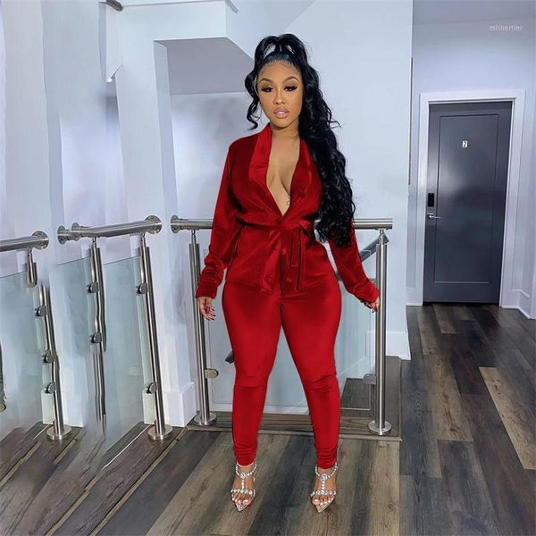 

women's two piece pants womens peice sets lace up long sleeve velvet velour fabric elegant party outfits wholesale drop, White