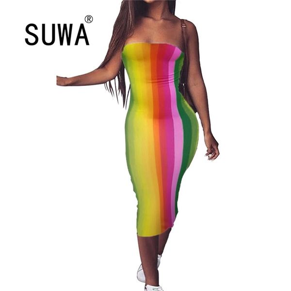 Regenbogenstreifen bedruckte figurbetonte Midi-Kleider für Frauen Sommer Großhandel Abendparty Festival Sexy Kleid kostenlos 210525