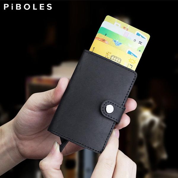 

card holders anti-theft holder case retro genuine leather thin aluminium metal wallet pocket anti-nfc bank cards box, Brown;gray