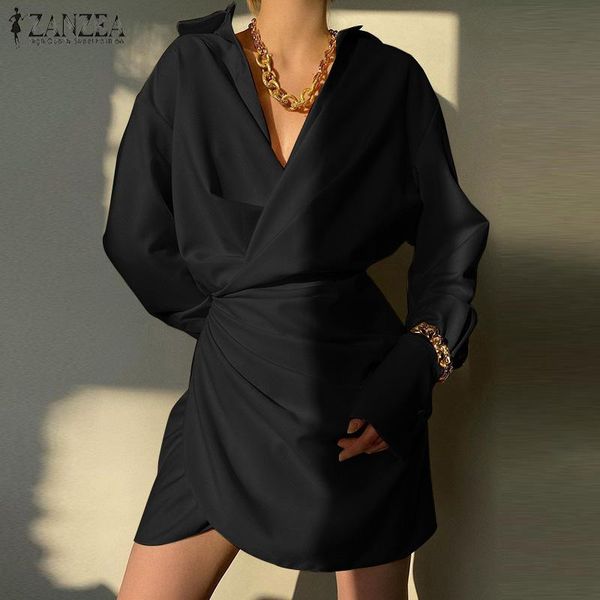 

casual dresses zanzea summer elegant ol mini dress women v neck long sleeve pleated sundress solid party vestidos robe femme streetwear, Black;gray