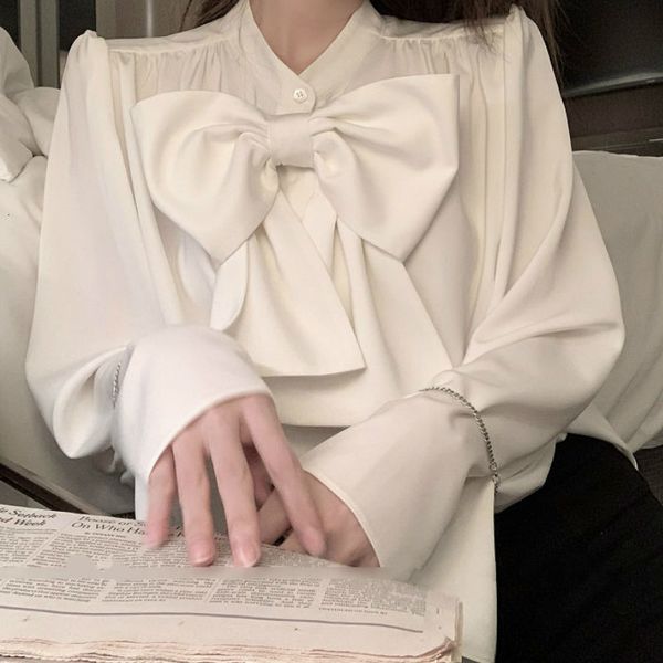 

pants casual chiffon blouse and women 2021 spring fashion design elegant lantern sleeve shirts ladies french bow korean style top, White