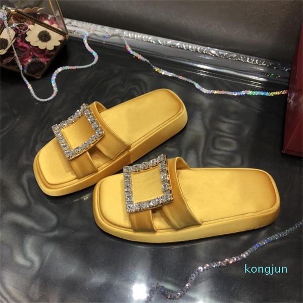 

designer- women shoes thick soled macaron chunky slippers soft leather with noble crystal easy to present summer romantic feeling, Black