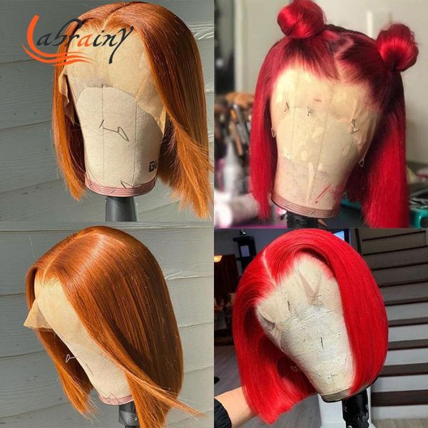 

hd transparent lace frontal bob red burgundy wigs orange 13x6 front human hair short cut wig pre plucked bleached knots, Black;brown
