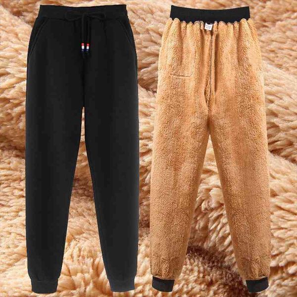 

slim winter lambskin cashmere womens pant warm casual harem lined fleece trousers autumn sweatpants, Black;white