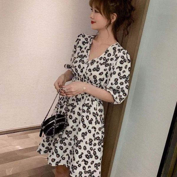 

party dresses women short dress, little flower printed,half sleeve, White;black