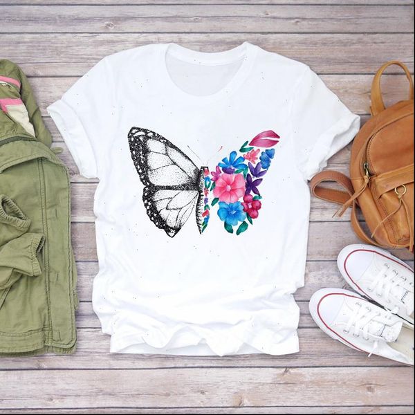 

butterfly floral short sleeve camisas womens t shirt mujer print graphic tee, White