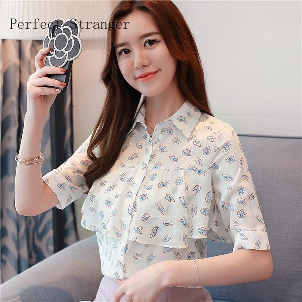 

women's blouses & shirts hanxiner 2021 summer arrival short sleeve turn down collar printyed women chiffon blouse high quality, White