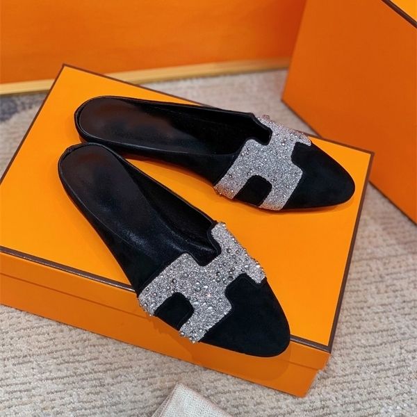 

official website 70% off outlet early autumn new fashion comfortable baotou flat bottom heel casual drill face muller slippers women's, Black