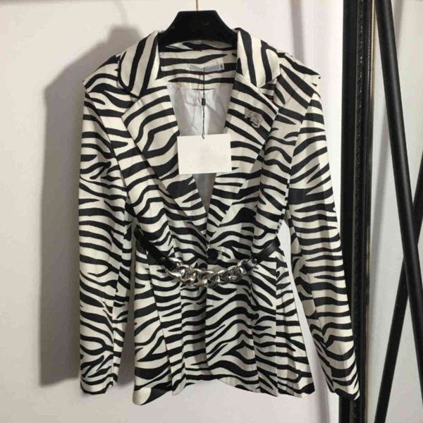 

2021ss fashion designer lapel suit jacket zebra stripes diamond brooch chain belt waist slim letter logo trendy brand womens jackets coat ca, Black;brown