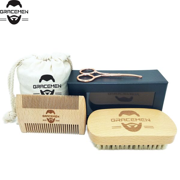 MOQ 100 Sets OEM-Bartpflegeset mit individuellem Logo, mit Bartbürste, doppelseitigem Buchenholzkamm und Schere in maßgeschneiderter Taschenbox für die Männerpflege