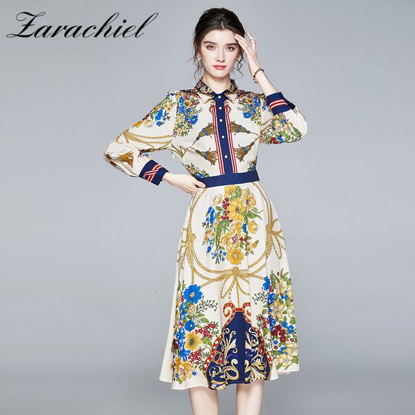 

dresses spring autumn fashion runway for women shirt collar long sleeve flower print luxury elegant holiday midi vestidos, Black;gray