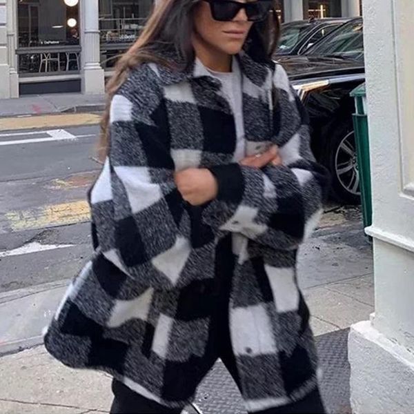 

mandylandy loose long sleeve pocket casual outwear women's wool & blends able woolen coat black and white lattices