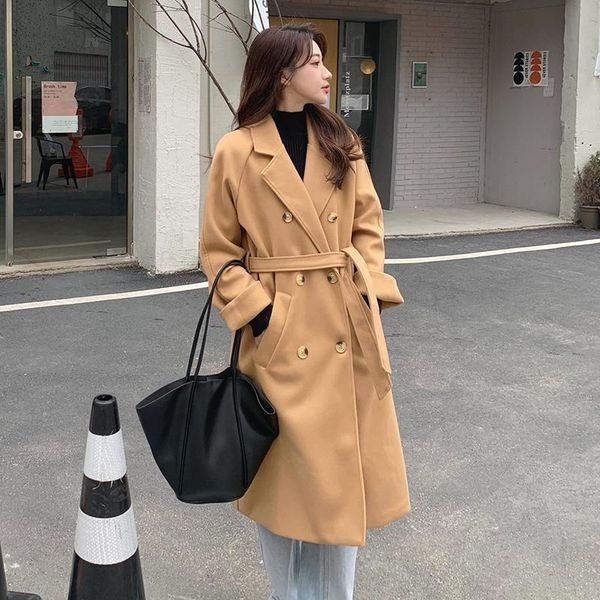 

women's wool & blends korean vintage autumn women elegant turn-down collar woolen long khaki solid warm outwear empire slim coat with b, Black