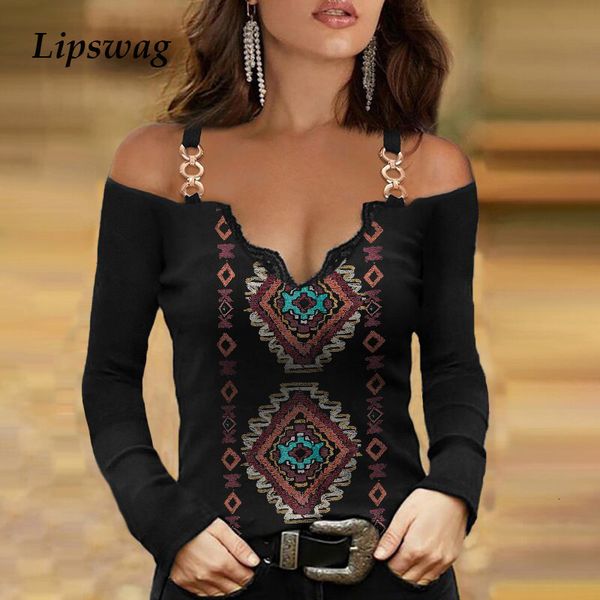 

women's blouses & shirts chain straps off shoulder lady blouse 2021 spring summer long sleeve shirt blusa vintage pattern pri, White