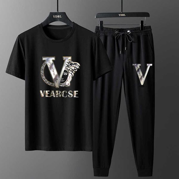 

2021 summer drill short sleeve t-shirt suit, men's personality, handsome, large size, two-piece suit, small leggings, White;black