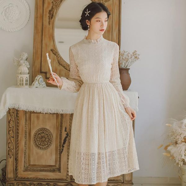 

casual dresses wavsiyier women dress vintage o neck mesh lace elegant party club coctail chic long sleeve spring autumn midi vetidos, Black;gray