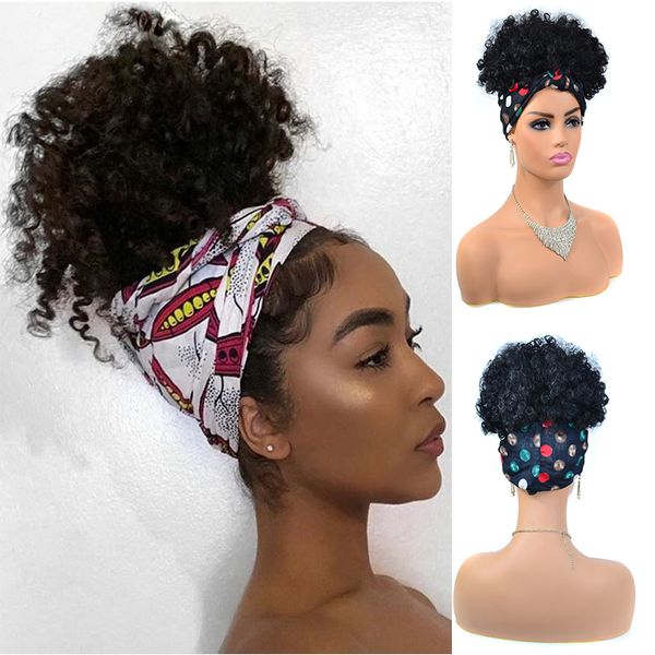 

short afro kinky curly wrap turban wigs fluffy jerry curly headband wig for women 8 synthetic heat resistant fake cosplay wig, Black