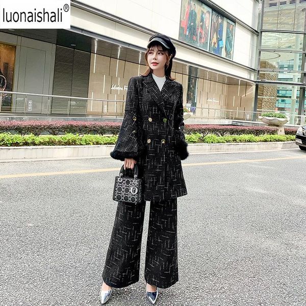 

women's two piece pants suits elegant woman plaid woolen long coat winter double-breasted sleeve warm jacket wide office set, White