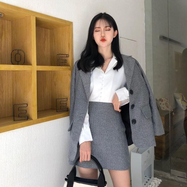 

women's suits & blazers autumn women skirt suit single breasted soild blazer jacket high waist mini 2021 casual 2 pieces set good quali, White;black