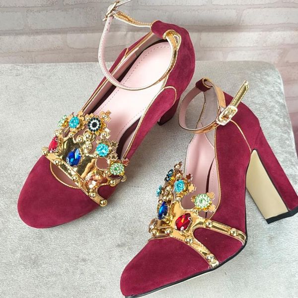 

dress shoes retro crown embellished beading pumps suede leather high heel women, Black