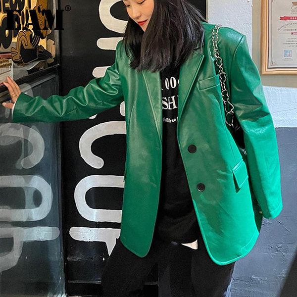 

[eam] women black big size pu leather blazer lapel long sleeve loose fit jacket fashion tide spring autumn 2021 1dd6444 women's suits &, White;black