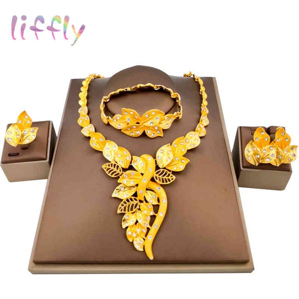 

jewelry sets liffly african fashion leaf shape necklace bracelet earrings ring elegant women party set, Black