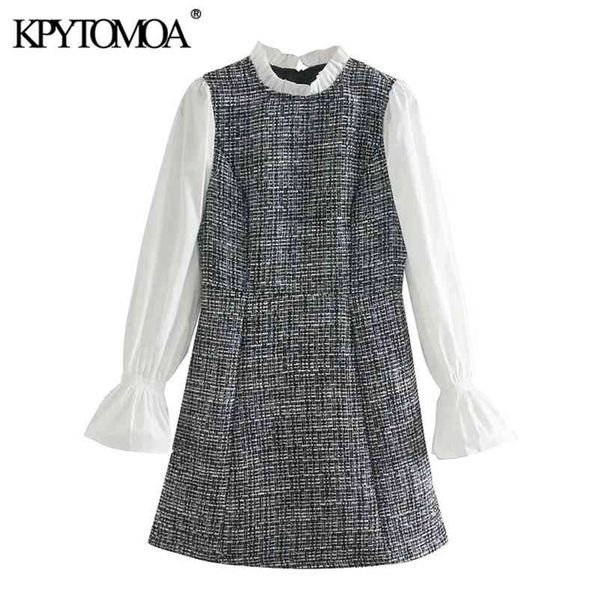 

women sweet fashion patchwork check tweed mini dress vintage lantern sleeve back zipper female dresses mujer 210420, Black;gray