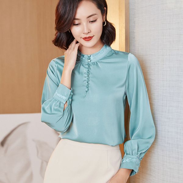 

silk shirts women long sleeve embroidery blouses office lady solid plus size elegant woman blouse 210427, White