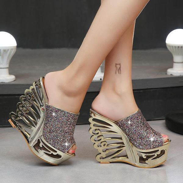 

slippers 15cm high heels, women's sequins, wedge sandals, informal, hollow, wedding, 2021, Black