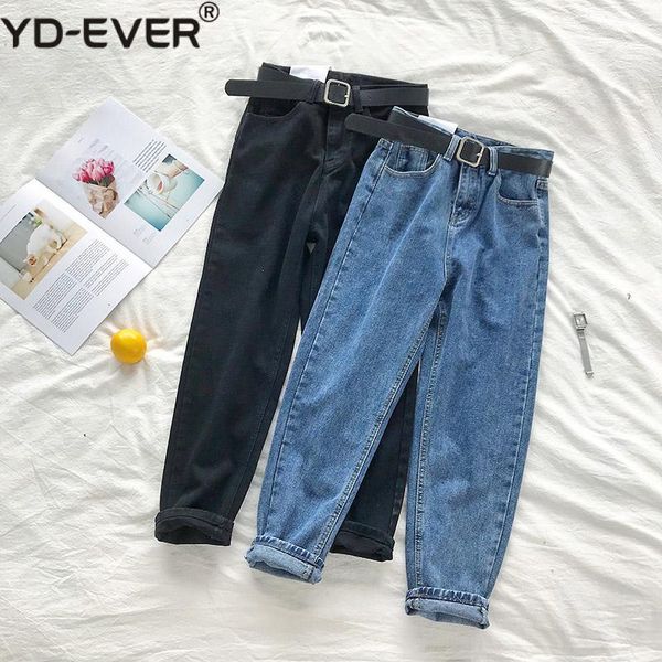 

women's jeans yd-ever bf korean high waist women solid belt harem pants loose casual street denim trousers pantalon femme 90231, Blue