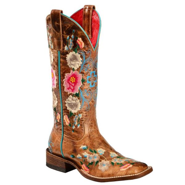 

boots women`s handmade embroidery rose garden cowgirl square toe, Black