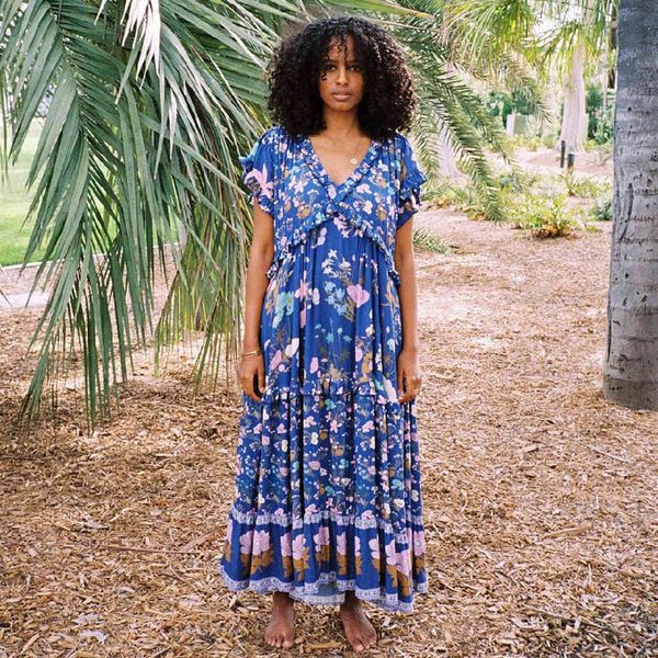 

vintage v-neck short sleeve ruffled tassel summer dress for women clothes blue cotton tunic boho print maxi dresses a664 210416, White;black
