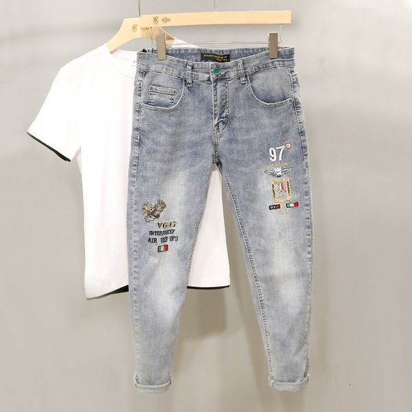 

men's jeans embroidered jeans men's trendy brand slim-fit feet pants male handsome spirit guy light-colored casual ankle length pe, Blue