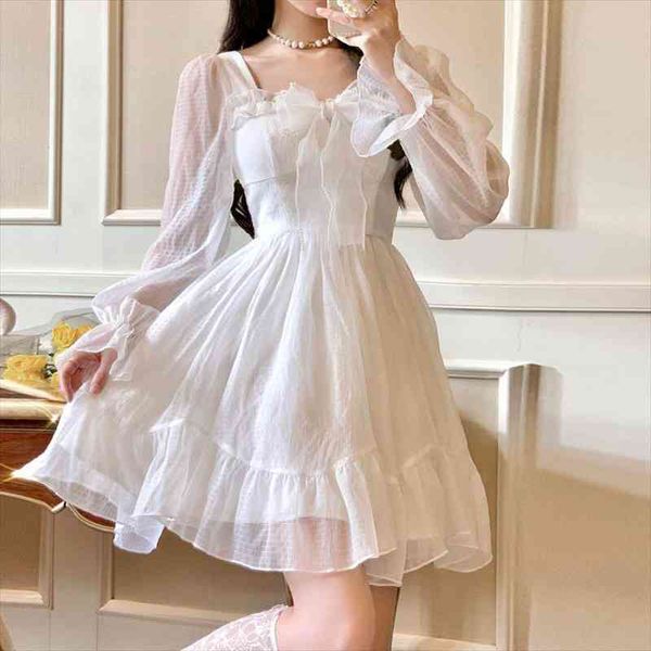 

french sweet fairy lolita dress women long sleeve lace y2k mini dress vintage kawaii clothes one piece korean, Black;gray