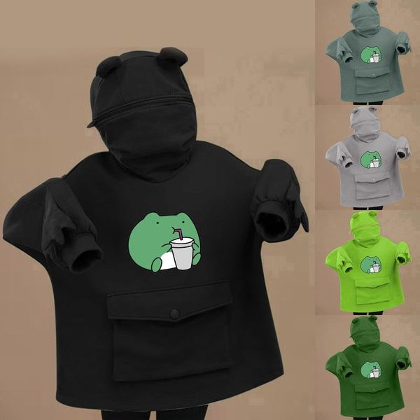 

women's hoodies & sweatshirts harajuku kawaii frog pullover cotton with big pocket women cute long sleeve hooded sweatershirt autumn wi, Black