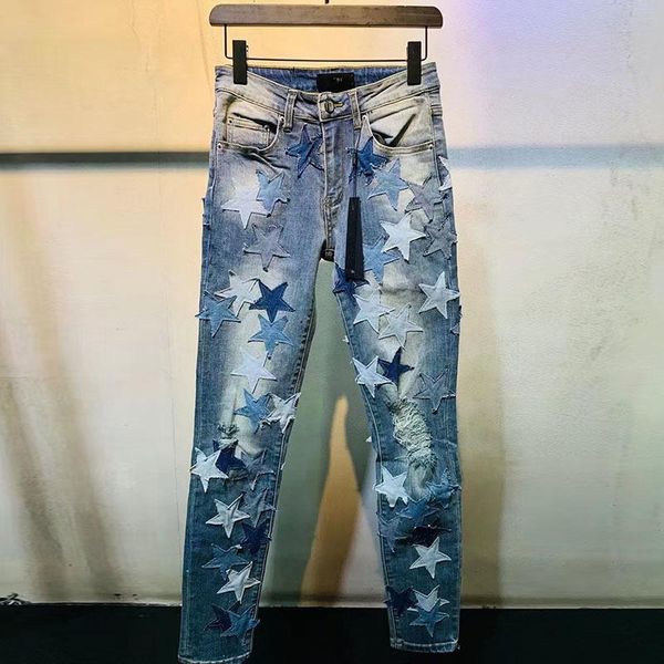 

men's jeans star stitching ripped denim pant tights streetwear designer patchwork brand jean men hip hop, Blue
