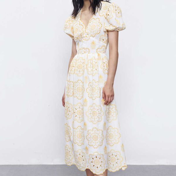 

women's tanks & camis cotton floral embroidery long dress women vintage puff sleeve v neck summer dresses lady party vestidos midi robe, White