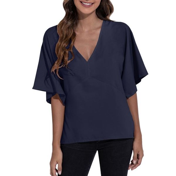 

women's blouses & shirts clothing fashion ladies red loose women short sleeve solid color chiffon, White