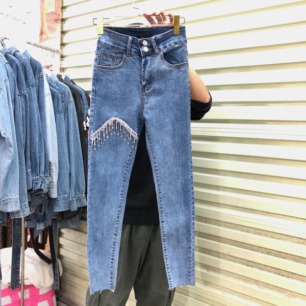 

women's jeans heavy industry diamond tassel high waist women 2021 spring style light blue slim stretch leggings fashion woman