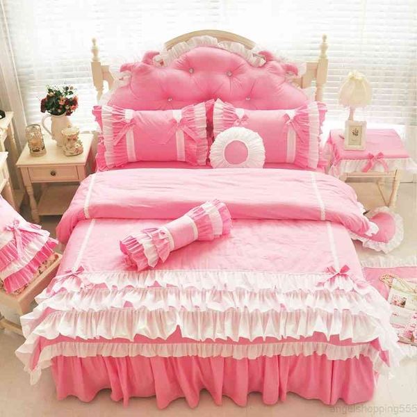 

modern korean 100% cotton pink princess kids girls bedding twin  king size duvet cover bed skirt set pillowcase