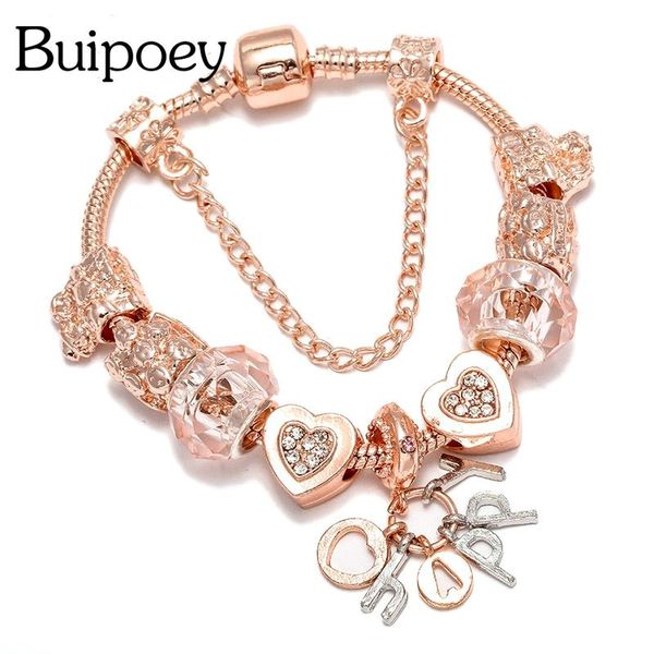 

charm bracelets buipoey rose gold happy & bangles diy pink crystal heart bead for women girls jewelry bracelet gift, Golden;silver