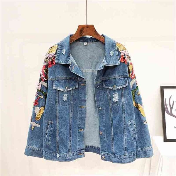 

summer sequins embroidery denim jacket woman batwing sleeve hole vintage blue coat female chic 210603, Black;brown