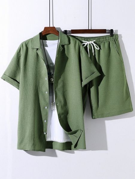 

men striped shirt & drawstring waist shorts without tee a886#, Gray