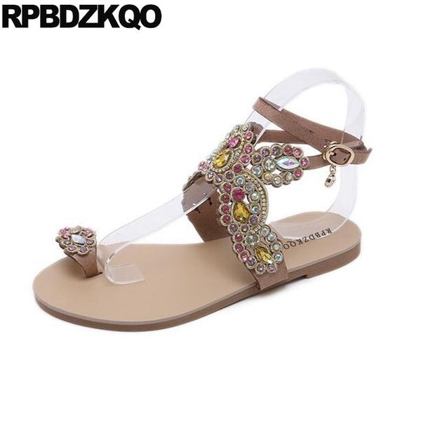 

jewel shoes sandals leisure fashion bohemia style diamond ankle strap crystal toe ring rhinestone bling beach women nice flat, Black