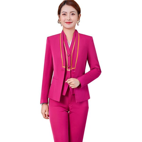 

women's two piece pants blue red formal 3 pieces set women vest blazer jacket and trouser pant suit for ladies business work wear, White