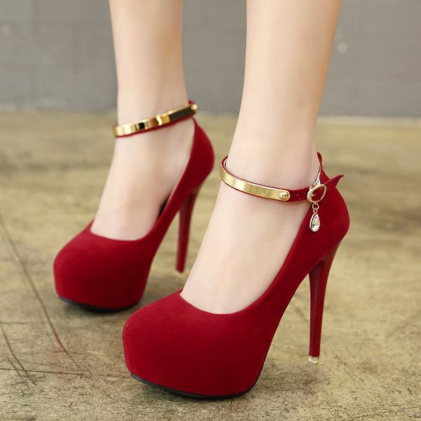 

dress shoes pumps woman metal ankle strap wedding party women high heels suede round toe black red pink platform itly