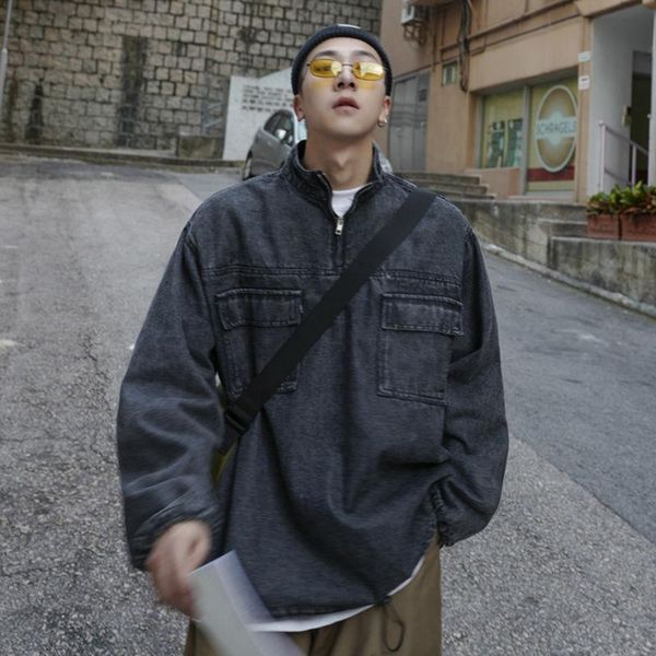 

men's jackets denim jacket autumn korean trend loose zip pullover sweater, Black;brown