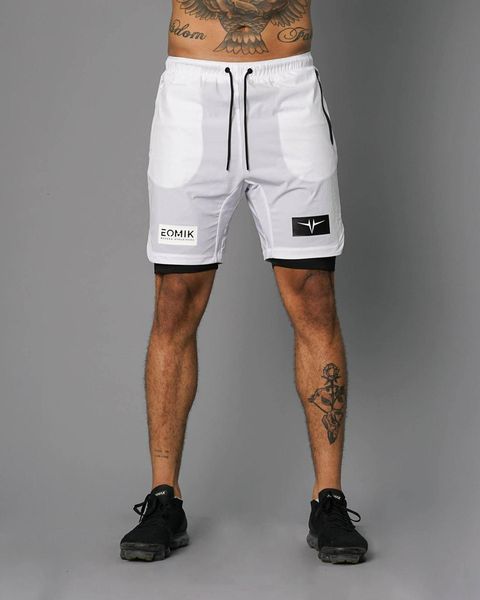 

men's shorts brand 2-on-1 running safety dry quickly fitness sports hip pockets with wf8i, White;black