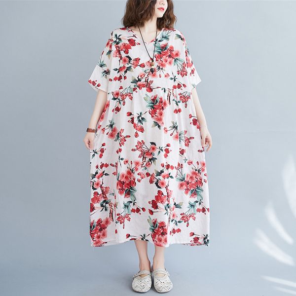 

johnature summer floral dress for women v-neck short sleeve plus size vintage female casual clothes loose dresses 210521, Black;gray